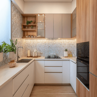 L-Shaped Minimal Kitchen Design With Floating Shelves and Quartz Countertop