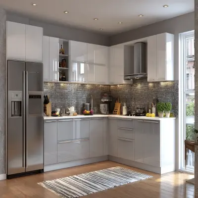 L-Shaped Modern Kitchen Design With Glossy White and Silver Cabinets