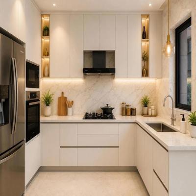 L Shaped Modern Kitchen Design With Marble Backsplash Tiles