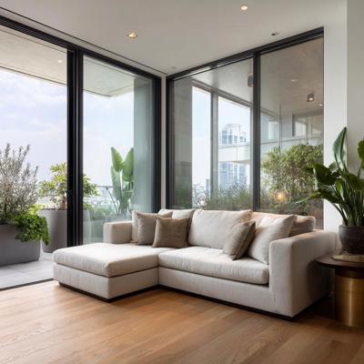 L Shaped Modern Window Design With Sliding Glass Shutters