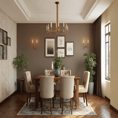 Large Beige and Brown Wall Colour Combination for Dining Room with Wooden Table and Brass Chandelier