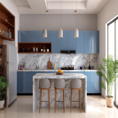 Large Blue and White Wall Colour Combination for Kitchen with Floating Cabinets and Quartz Island