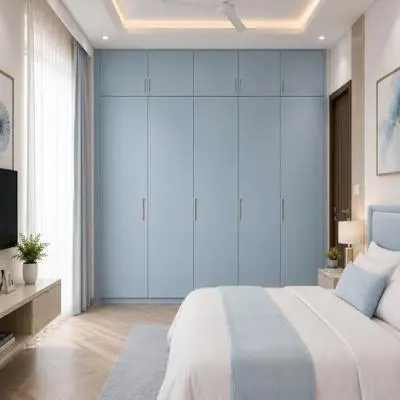 Light Blue Modern Swing Wardrobe Design With Loft Storage