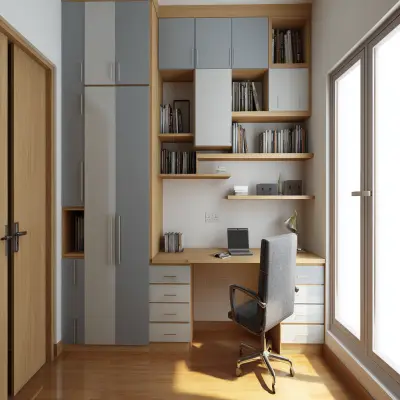 Light Grey 2-Door Swing Wardrobe Design With Study Zone Integration