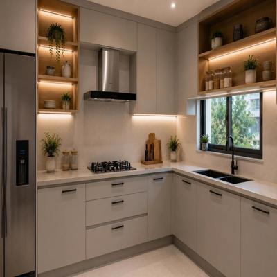Light Grey and Wood Modern Kitchen Design with Open Shelves