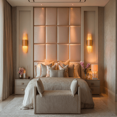 Luxe Beige and Peach Wall Colour Combination for Bedroom with Padded Headboard and Wall Sconces