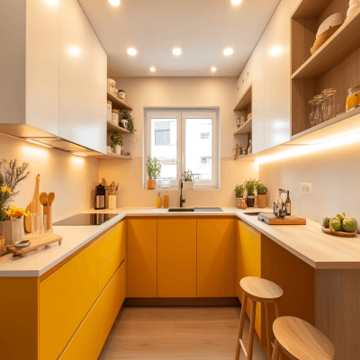 Marigold U-Shaped Modern Kitchen Design with White Contrast and Warm Lighting