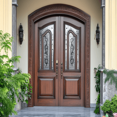 Matte Finish Traditional Swing Double Door Design with Glass and Plywood