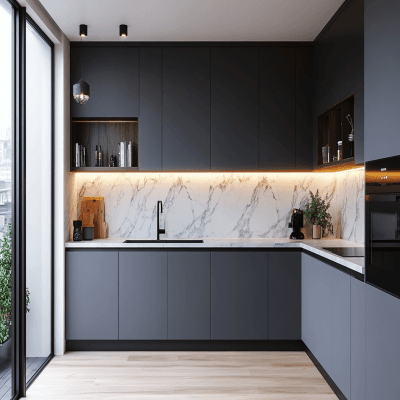 Matte Grey Contemporary L-Shaped Kitchen Design With Marble Backsplash and LEDs