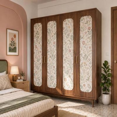Mid Century Modern 4 Door Wooden Swing Wardrobe With Floral Wallpaper Panels