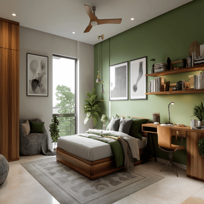 Mid-Century Modern Bedroom Design With Green Accent Wall And Study Table