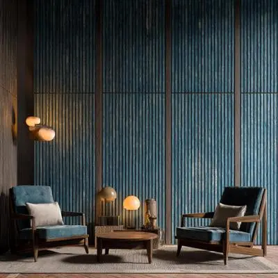 Mid Century Modern Blue Living Room Wall Design With Fluted Panels