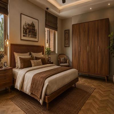 Mid Century Modern Brown And Beige Master Bedroom Design With 4 Door Swing Wardrobe