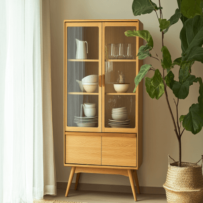 Mid-Century Modern Crockery Unit Design with Glass Doors
