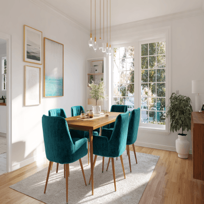 Mid-Century Modern Dining Room Design with Teal Velvet Chairs