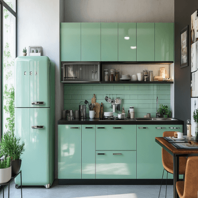 Mid-Century Modern Straight Kitchen Design with Aqua Green Cabinets