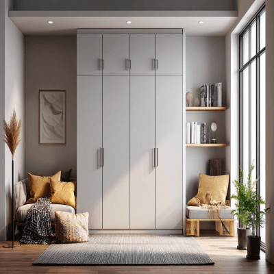 Minimal 4-Door Wardrobe Design in Light Grey