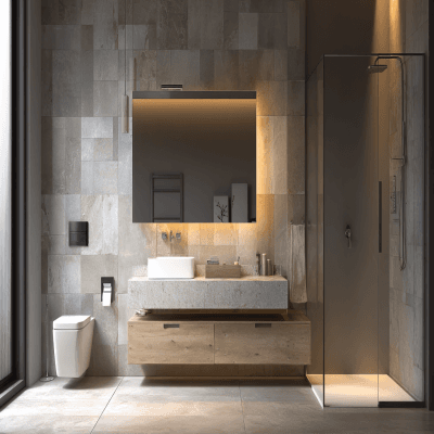 Minimal Bathroom Design With Floating Vanity and Quartz Countertop