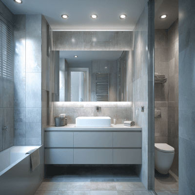 Minimal Bathroom Design With Storage Cabinets