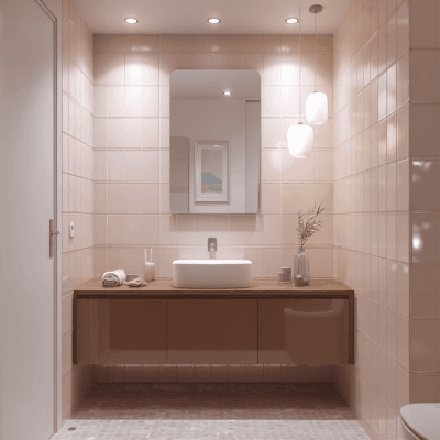 Minimal Convenient Bathroom Design In Light Pink And Brown
