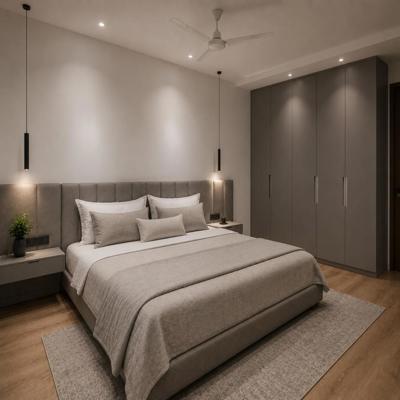 Minimal Grey Master Bedroom Design With Upholstered Headboard