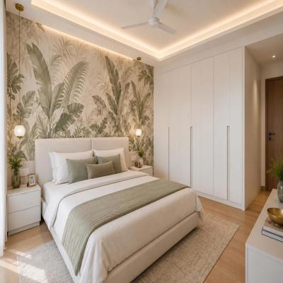 Minimal Master Bedroom Design With Floral Wallpaper And False Ceiling