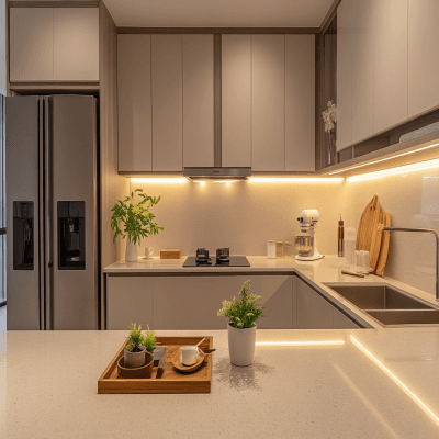 Minimal Open Kitchen Design in Irish Cream with Granite Countertop