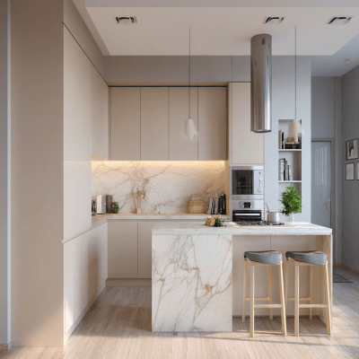 Minimal Open Kitchen Design in Irish Cream with Marble Countertop