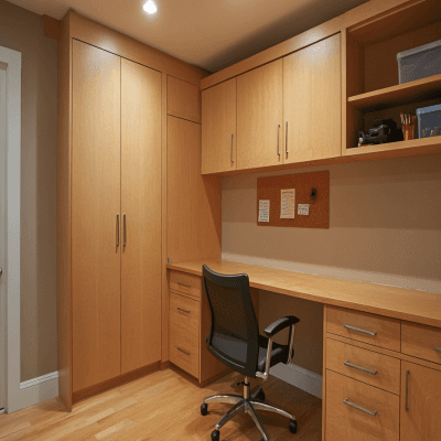 Minimal Wooden Study Room Design With 3-Door Swing Wardrobe With Lofts