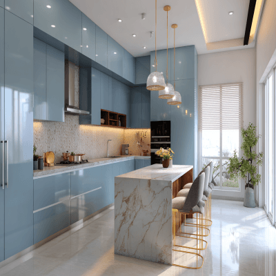 Minimalist Open Kitchen Design in Celestial Blue and Quartz