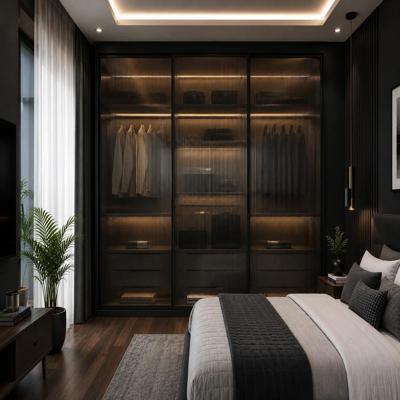 Modern 3 Door Sliding Wardrobe Design with Black Profile and Fluted Glass