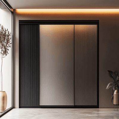 Modern 3-Door Sliding Wardrobe Design with Black Profile and Fluted Glass
