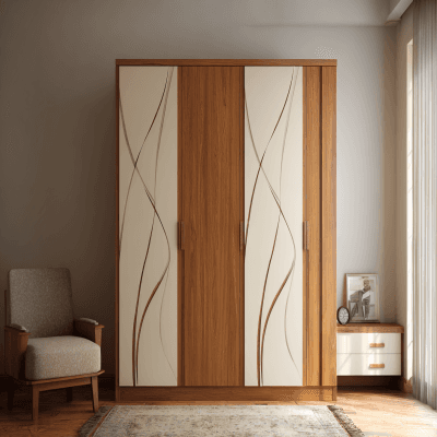 Modern 3-Door Swing Wardrobe Design in Acacia and Cream