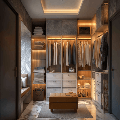 Modern 3-Door Walk-In Wardrobe Design with Open and Closed Storage