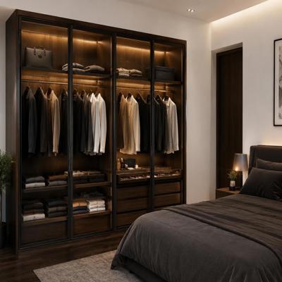 Modern 4 Door Dark Wood Swing Wardrobe Design With Transparent Shutters