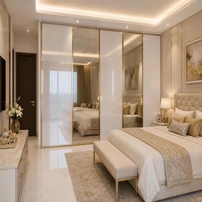 Modern 4 Door Sliding Wardrobe Design with Full Length Mirrors and Reflective Panels
