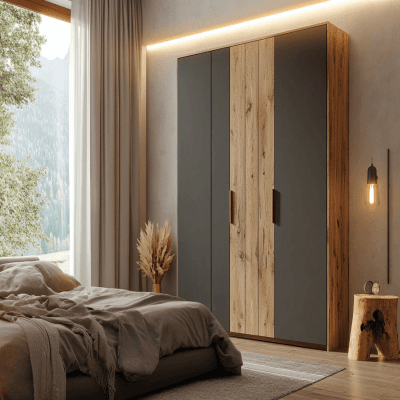 Modern 4-Door Swing Wardrobe Design in Pumic Grey and Hooked Acacia with Suede Finish