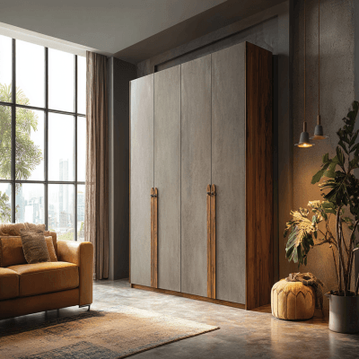 Modern 4-Door Swing Wardrobe Design in Pumice Grey and Hooked Acacia with Suede Finish