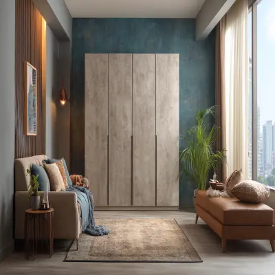 Modern 4-Door Swing Wardrobe Design in Sand Satin Suede Finish