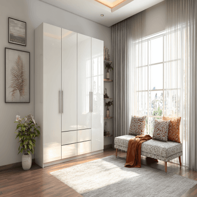 Modern 4-Door Swing Wardrobe Design in White with High Gloss Finish