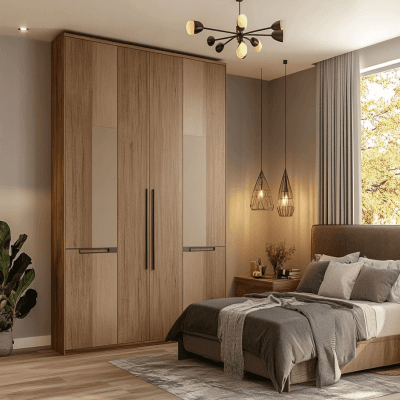 Modern 4-Door Swing Wardrobe Design with Suede Finish