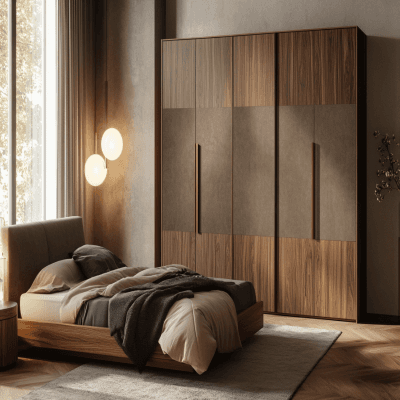 Modern 4-Door Wardrobe Design in Walnut with Suede Finish