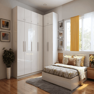 Modern 5-Door Swing Wardrobe Design in White with L-Shaped Layout