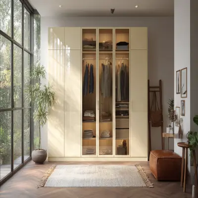 Modern 6-Door Swing Wardrobe Design in Irish Cream with Glass Display