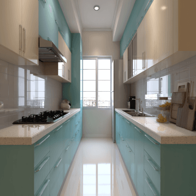 Modern Aqua Blue and Cream Parallel Kitchen Design
