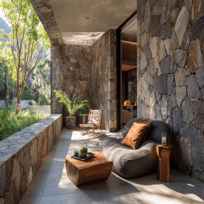 Modern Balcony Design with Stone Wall and Wooden Lounge Chair
