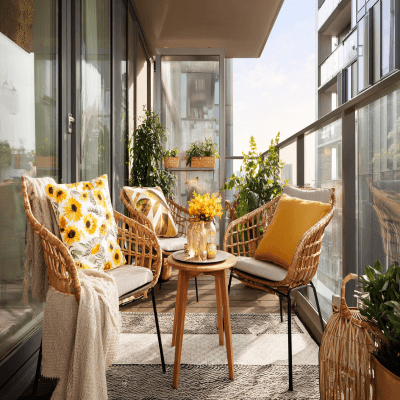 Modern Balcony Design with Wicker Seating and Sunflower Accents
