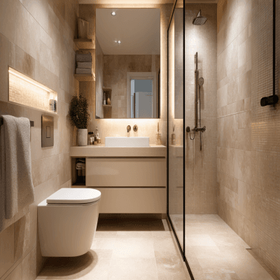Modern Bathroom Design with Beige Tiles and Vanity Storage