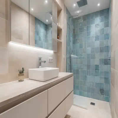 Modern Bathroom Design With Blue And Beige Wall Tiles