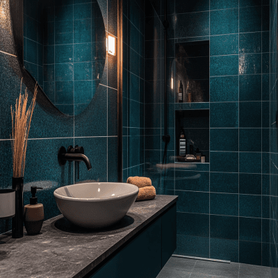 Modern Bathroom Design with Deep Teal Tiles and Granite Vanity